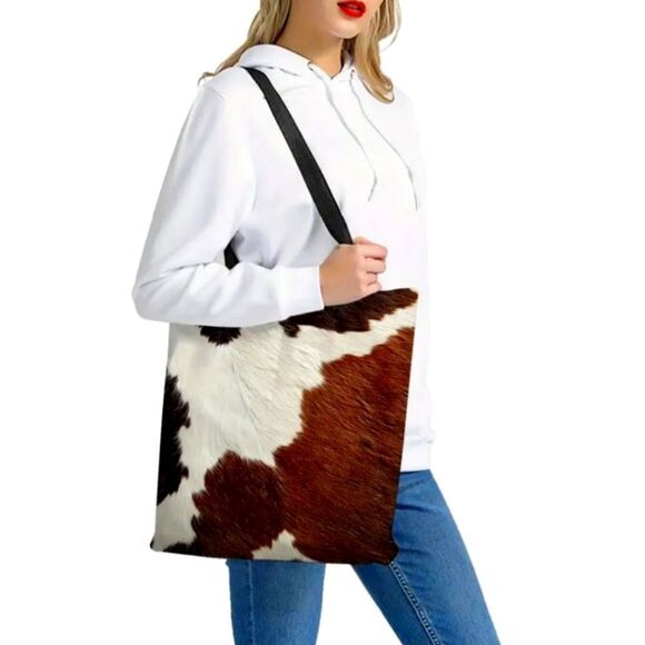 Cow Print Tote Bag with Black Handles Lightweight Shopping Bag - Picture 4 of 14